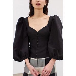 Mara Hoffman Linen-Blend Black Puff-Sleeve Eliana Corset Top